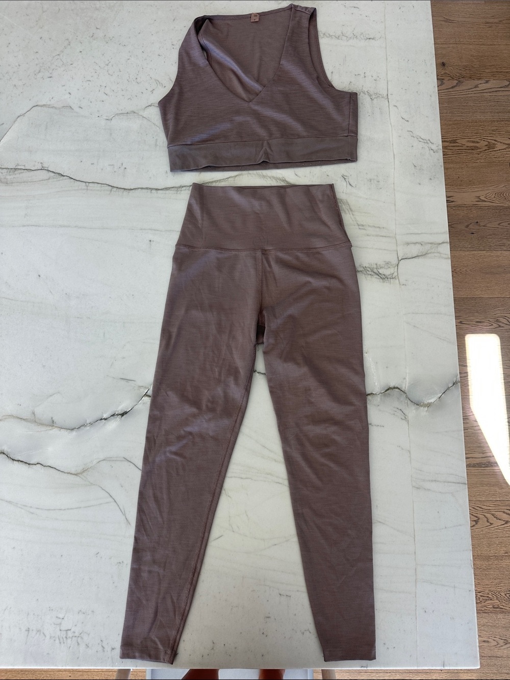 Beyond Yoga Mauve-Taupe High-Rise Leggings with V-Neck Crop Top